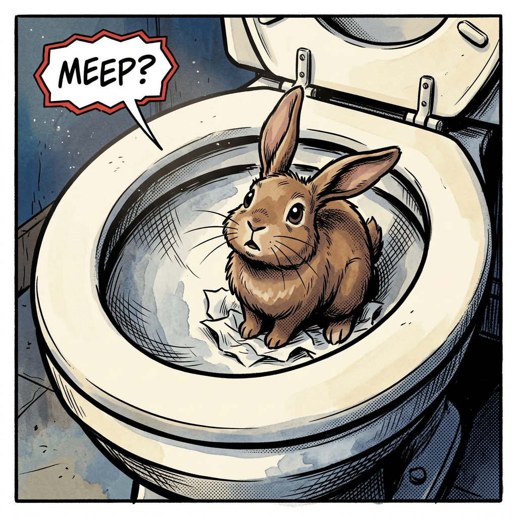 Rabbit peering upward while sitting in toilet